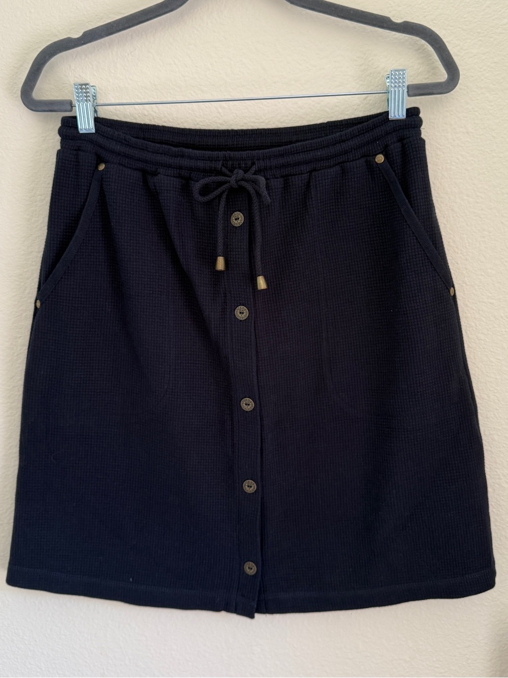Liz & Co Dark Navy Waffle Knit Button Front Drawstring Vintage Skirt Size M